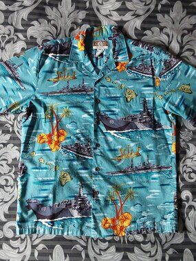 Navy ship and palm trees blue Hawaiian shirt Made in Hawaii